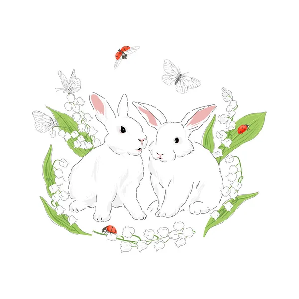 Милий кролик з ліліями, метеликом і сонечком — стоковий вектор