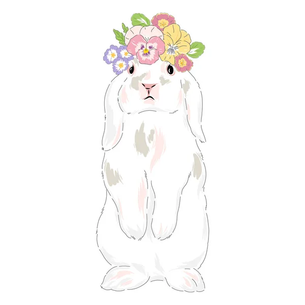 Кролик у квітковій руці вінок намальований ілюстрації — стоковий вектор