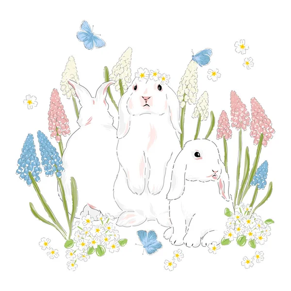 Cute bunny with Hyacinth florals and butterfly Ilustração De Stock