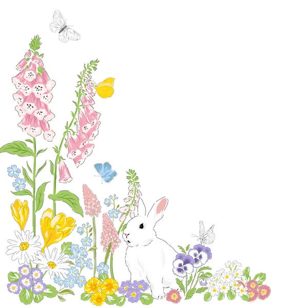 Tavaszi Nyári Virágok Pillangó Aranyos Nyuszi Kézzel Rajzolt Sarok Vektor — Stock Vector