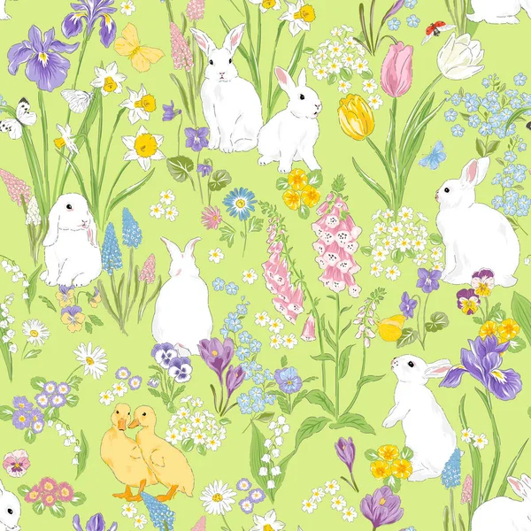 Bahar Çiçeği 'nde Şirin Tavşan ve Ördek Yavrusu — Stok Vektör