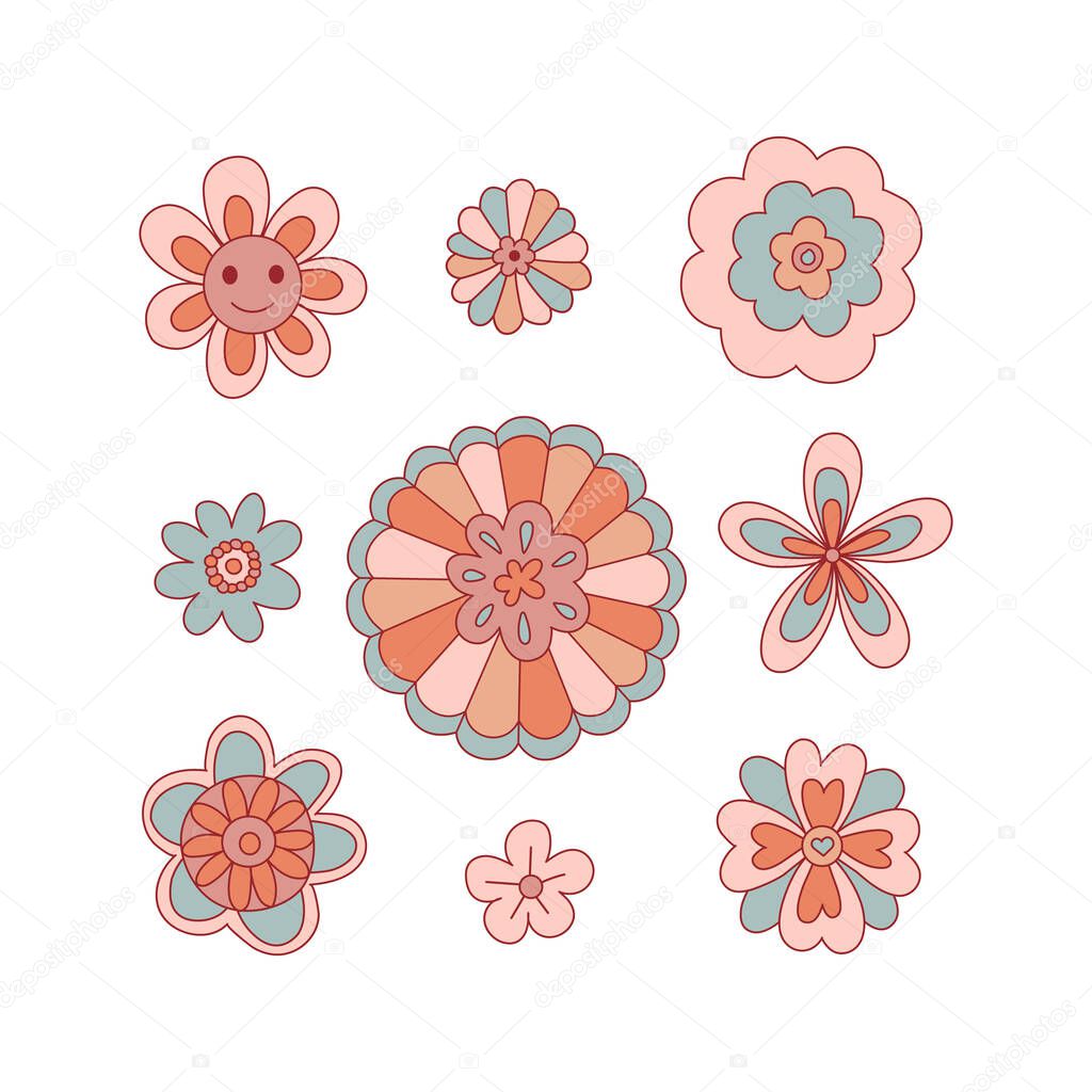 Retro 70s 60s Groovy Hippie Flowers Floral Daisy Happy Smile Face vector illustration set isolated on white. Boho Summer Retro colours Flora print collection for tee shirt or fashion fabric.