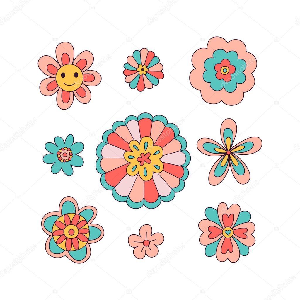 Retro 70s 60s Groovy Hippie Flowers Floral Daisy Happy Smile Face vector illustration set isolated on white. Boho Summer Retro colours Flora print collection for tee shirt or fashion fabric.