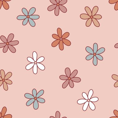 Retro 70 'ler 60' lar Hippi Dansçı Çiçek naif Daisy vektör kusursuz desen. Boho Çiçek Çocuk Çiçek güç titreşimleri arkaplan.