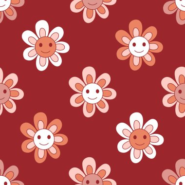 Retro 70 'ler 60' lar Hippi Dansçı Çiçek naif Daisy vektör kusursuz desen. Boho Çiçek Çocuk Çiçek güç titreşimleri arkaplan.