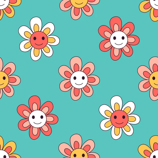 Rétro Années Années Hippie Groovy Floral Naïf Daisy Vecteur Motif — Image vectorielle
