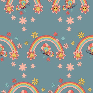 Retro 70 'ler 60' lar hippi muhteşem çiçek gökkuşağı çiçekli mutlu gülen yüz vektör pürüzsüz desen. Olumlu şeyler düşün. İyi titreşimler al. Boho Yaz Çiçeği Güç Çiçeği Çocuk yüzey tasarımı. 