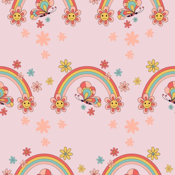 Retro 70 'ler 60' lar hippi muhteşem çiçek gökkuşağı çiçekli mutlu gülen yüz vektör pürüzsüz desen. Olumlu şeyler düşün. İyi titreşimler al. Boho Yaz Çiçeği Güç Çiçeği Çocuk yüzey tasarımı. 