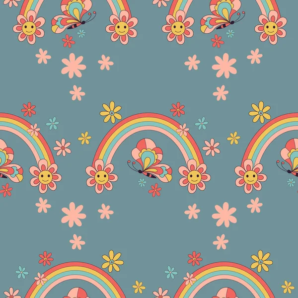Retro 70S 60S Hippie Groovy Flower Rainbow Floral Daisy Happy — Archivo Imágenes Vectoriales