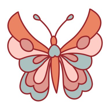 70 'lerin Kelebek Retro' su 60 'ların Havalı Hippi vektör çizimi. Boho Yaz retro renkleri Tişört veya moda kumaşı için kelebek baskısı.