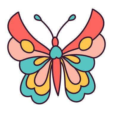 70 'lerin Kelebek Retro' su 60 'ların Havalı Hippi vektör çizimi. Tişört ya da moda kumaşı için yaz retro renkleri kelebek baskısı.