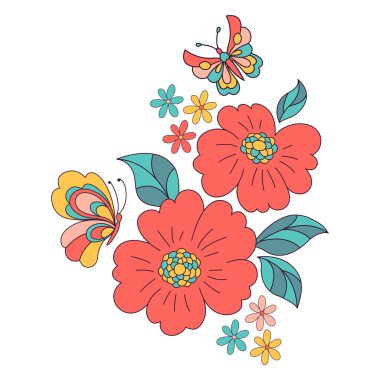 Çiçek ve Kelebek düzenlemesi Retro 70 'lerin moda hippi çiçeği enerjisi beyaz üzerinde izole edilmiş vektör illüstrasyonları. Yaz retro renkleri çiçek desenleri.