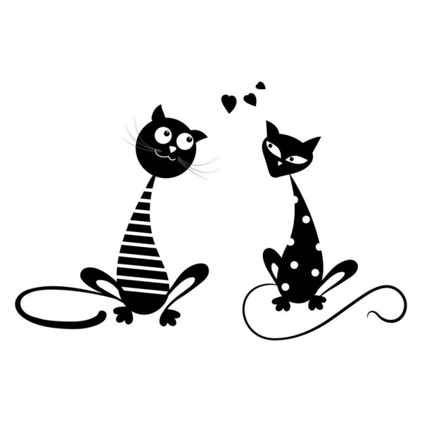 Пара черных кошек. Персонажи мультфильмов. Смешной моряк-кот и милый кот в белом горошке. Эмблема дизайн для текстиля, печать на парных футболках. Векторная иллюстрация на белом фоне.