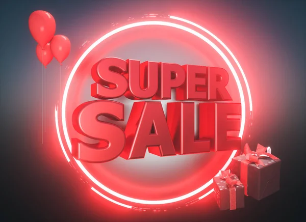 Super Sale Banner. Red neon light and red glossy text on black background. 3d render — Stock Photo, Image