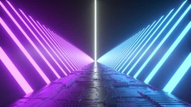 Fütürist bilim kurgu tüneli koridorunda neon ışıklar var. Bilim kurgu konsepti. 3d canlandırma döngüsü