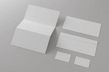 3 boyutlu illüstrasyon. Boş kağıt, kartvizit ve zarf. Marka tasarımı için model şablonu. İş konsepti.