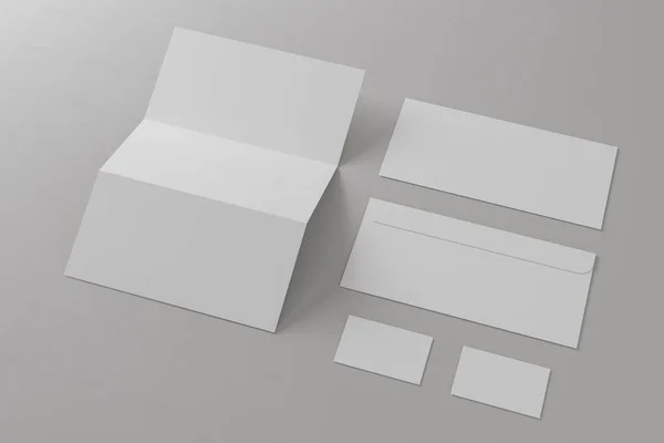 3Dイラスト。空白の紙、名刺、封筒。ブランディングデザインのためのモックアップテンプレート。事業概念. — ストック写真