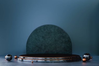 Ürün sunumu için altın detaylar içeren siyah mermer standı. Zarif ve modern sahne. 3d hazırlayıcı