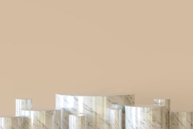 3 boyutlu illüstrasyon. İzole bir zemin üzerinde mermer silindirik podyumlar. Sunum standı