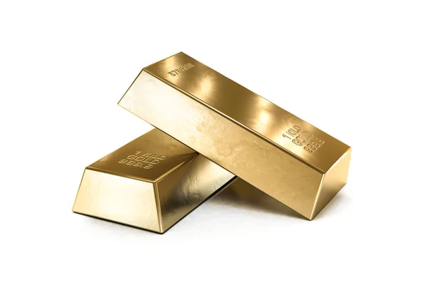 Két arany rúd, pénzügyi és tartalék érték koncepció fehér. 3d renderelés — Stock Fotó