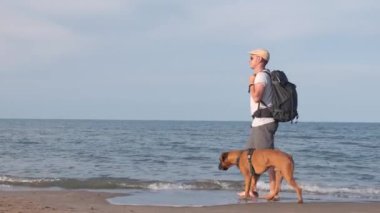 gezgin adam boksör köpeğiyle sahilde yürüyor.