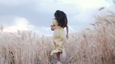 Buğday tarlasında koşarken doğanın tadını çıkaran kaygısız bir kadının arkası..