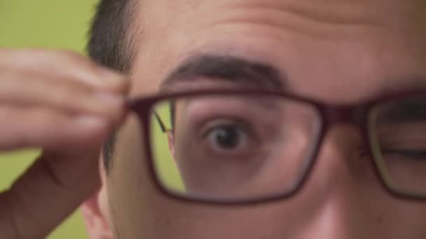 Young Man Putting Taking Glasses Concept Myopia Vision Problems — Stock Video
