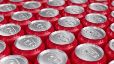 Bir sürü kırmızı alüminyum metal soda kutusu. 3d Canlandırma Render, sonsuz döngü