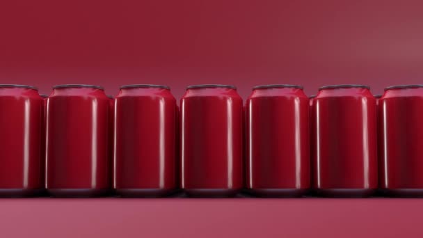 Mnoho plechovek Red Aluminum Metal Soda. Vykreslení 3D animace, nekonečná smyčka — Stock video