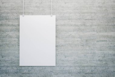 3 boyutlu görüntüleme. Beton duvarda asılı boş beyaz poster maketi
