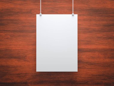 3 boyutlu görüntüleme. Ahşap arka planda asılı boş bir posterin kopyası..
