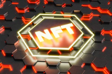 3D illustration. Glowing NFT word on hexagonal abstract digital background. NFT Non-fungible token. Technology concept.