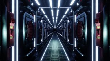 4K Video Animasyonu. Fütürist bir koridorda ilerliyoruz. Uzay gemisi istasyonunda gelecek koridoru.