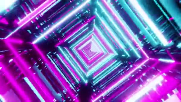 4K Video Animation. Endless abstract futuristic tunnel with multicolored neon lights. Endless square tunnel. — Vídeo de Stock