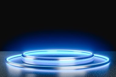 Ürün sunumu için fütürist neon kaidesi. 3d hazırlayıcı