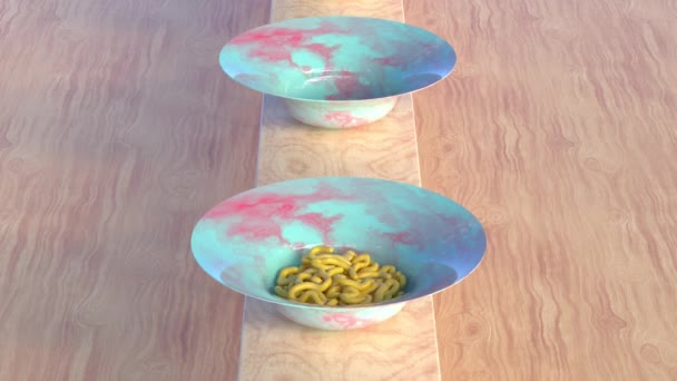 แอนิเมชั่น 3 มิติของสปาเก็ตตี้สีเหลืองตกลงบนจานสีสันบนร้านอาหารไม้ — วีดีโอสต็อก