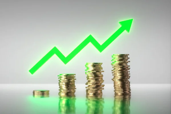 Render Stacks Coins Bright Green Rising Arrow Success Financial Economic — Stock Photo, Image