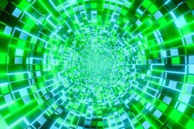 Üç boyutlu illüstrasyon. Sonsuz bir tünel, çok renkli ışıklar. Renkli neon ışıkları olan soyut bir tünel. Bilim kurgu ve teknoloji kavramı.