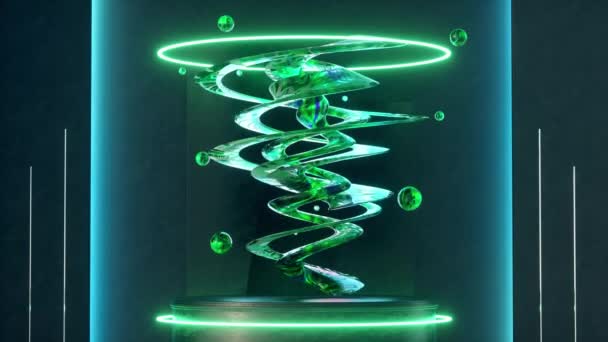Nieskończona Animacja Pętli Zielonej Abstrakcyjnej Rzeźby Zainstalowany Okrągłym Cokole Neonów — Wideo stockowe