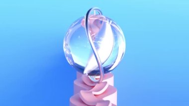 Infinite loop animation of a glass ball with metal ring rotating on curved surface. Satisfying 3d video