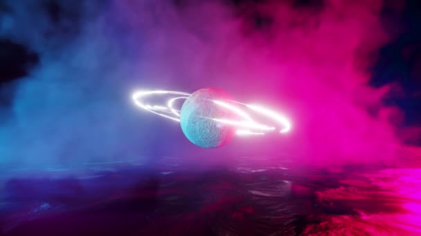 Animasi Render Latar Belakang Sci Dengan Planet Dengan Cincin Bercahaya — Stok Video