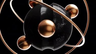 Yakın plan altın toplar ve halkalar siyah arkaplan etrafında dönen koyu mermer küre. 3d canlandırma döngüsü