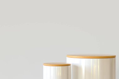 3 boyutlu illüstrasyon. Beyaz arka planda iki ahşap silindir podyum. Promosyon ve reklam kavramı.