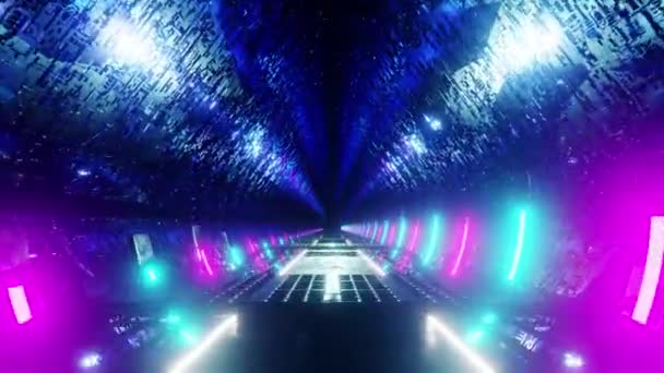 Straight Moving Track Modern Tunnel Bright Glowing Blue Pink Lights — Stockvideo