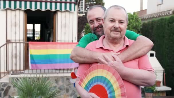 Middle Aged Couple Embracing Garden Home While Looking Camera Lgbt — Stock Video