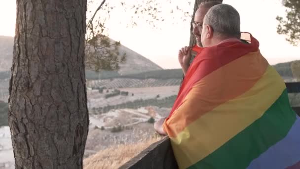 Вид Сбоку Гомосексуальных Мужчин Завернутых Разноцветный Радужный Лгбт Флаг Смотрящих — стоковое видео