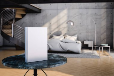 Dairede yatak ve merdivenleri olan geniş ışıklı yatak odasındaki yuvarlak masanın üzerine fotokopi alanı olan beyaz maket kitap. 3d hazırlayıcı