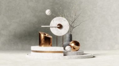 Satisfying video of looped metal ball rolling on top of modern gear near marble and metallic geometric shapes against gray background. 3d animation