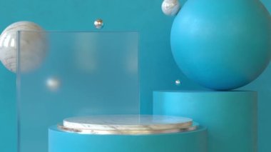 Üç boyutlu görüntüleme döngüsü. Soyut minimalist geometrik arka plana sahip mavi boş silindir podyum. Terfi, reklam.