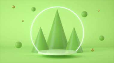 3D animation loop. Green abstract background with a podium and a light ring, minimalism scene.